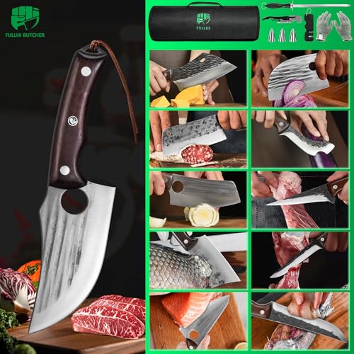 FULLHI 17pcs Butcher Chef Knife Set with Sheath High Carbon Steel Cleaver Kitchen Knife Whole Tang Vegetable Cleaver for Home BBQ Camping with Knife Bag - Image 3