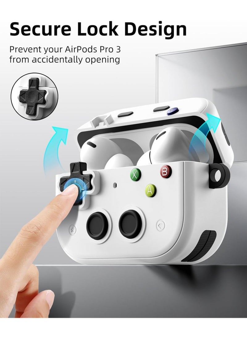 X-level Case for AirPods Pro 3 (2025) with Secure Lock Clip, Hard Shell Game Console Design Shockproof Protective Cover for Apple AirPod Pro 3rd Generation with Cleaner Kit & Keychain, White - Image 3