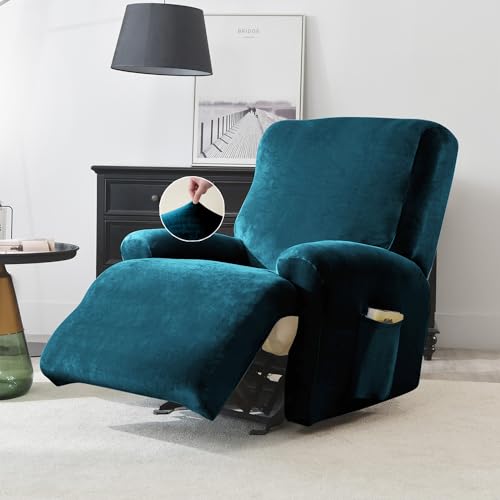 HOKIPO 200 GSM Premium Velvet 4-Pieces Stretchable Recliner Chair Cover 1 Seater Fully Covered Washable Furniture Protector, Peacock Blue (AR-4907-PBLU) - Image 1