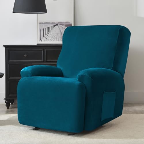 HOKIPO 200 GSM Premium Velvet 4-Pieces Stretchable Recliner Chair Cover 1 Seater Fully Covered Washable Furniture Protector, Peacock Blue (AR-4907-PBLU) - Image 2