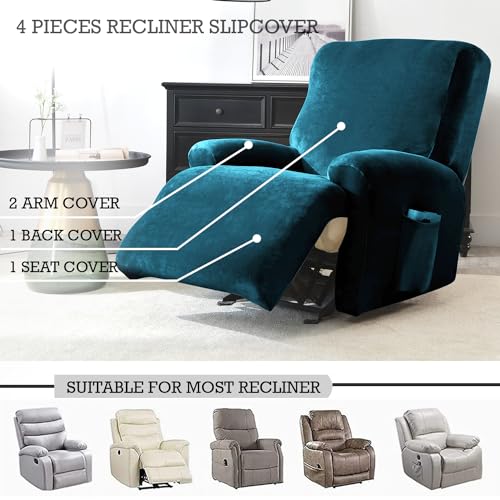 HOKIPO 200 GSM Premium Velvet 4-Pieces Stretchable Recliner Chair Cover 1 Seater Fully Covered Washable Furniture Protector, Peacock Blue (AR-4907-PBLU) - Image 4