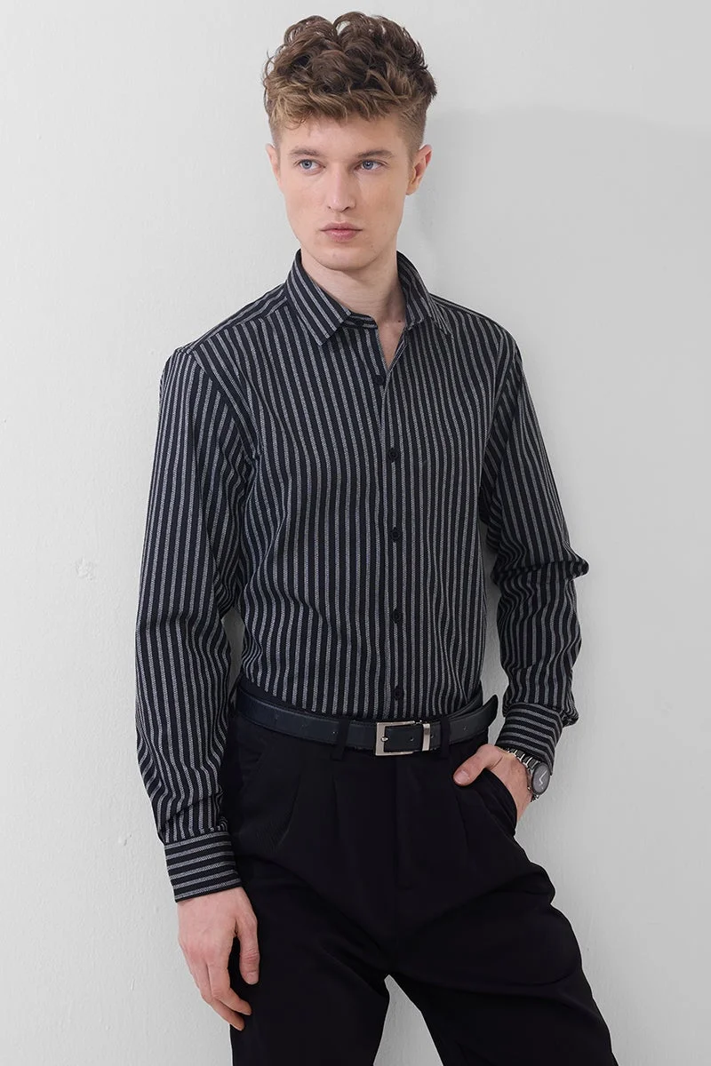 سنيتش Black Striped Long Sleeve Slim Fit Formal Luxe Shirt