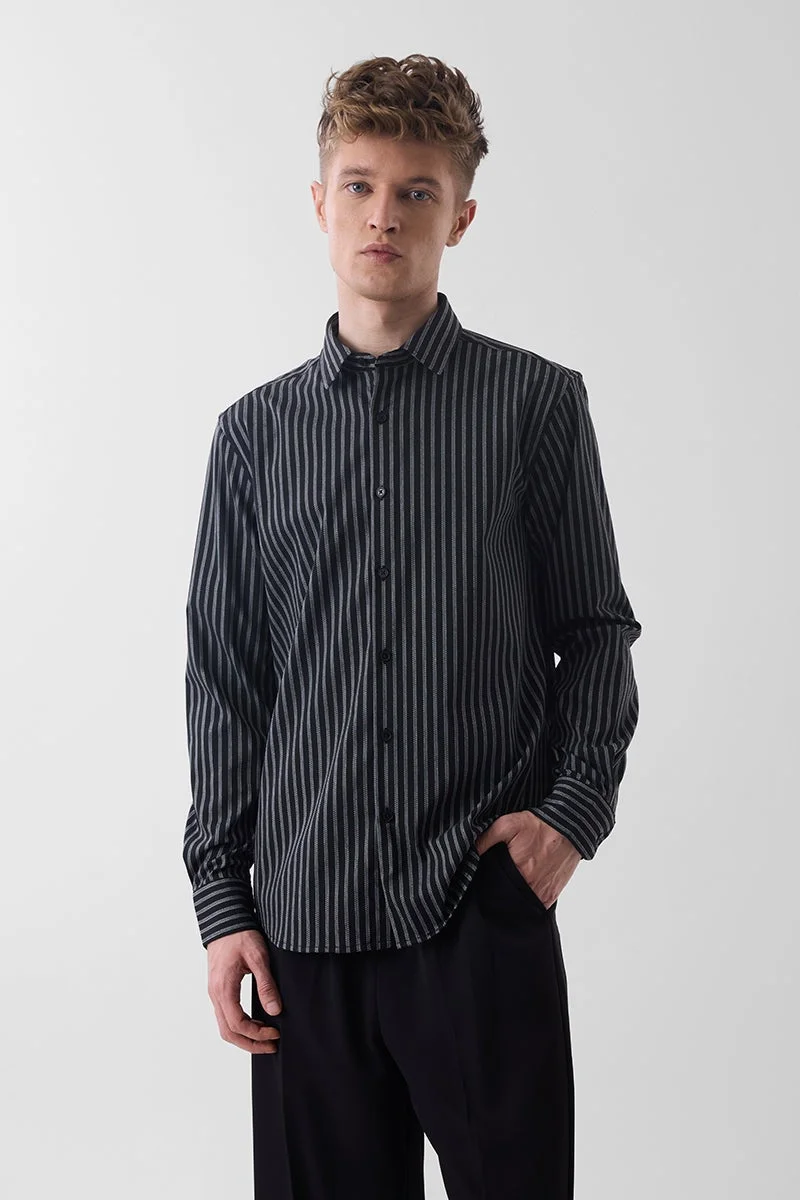 سنيتش Black Striped Long Sleeve Slim Fit Formal Luxe Shirt