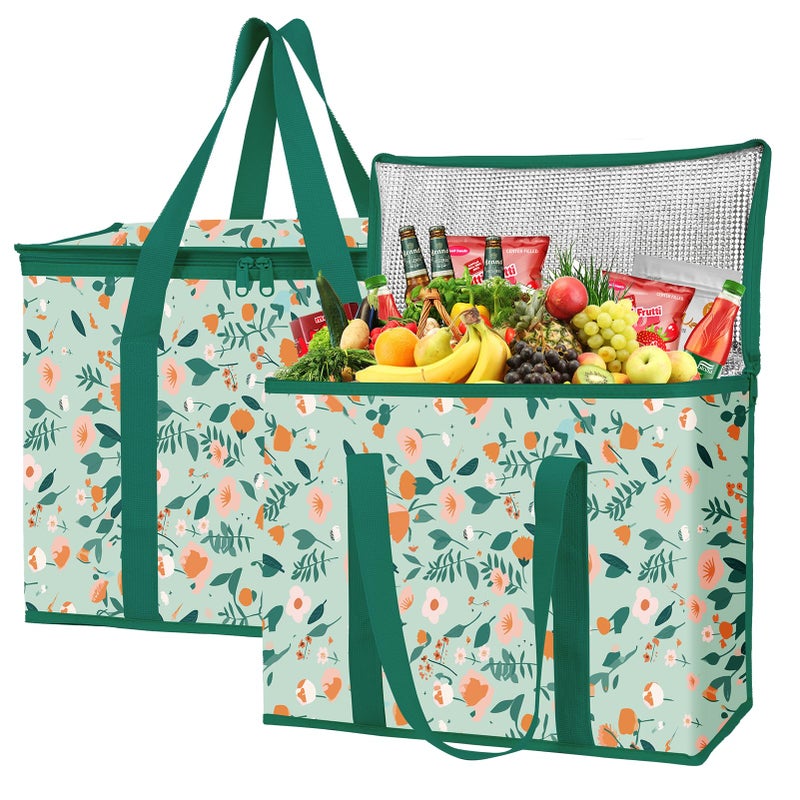 musbus 2-Pack extra Insulated Grocery shopping bag, large Green leaf, kitchen foldable reusable bags groceries,Sturdy zipper,Collapsible,tote,cooler,for transport women,Durable carrier - Image 1