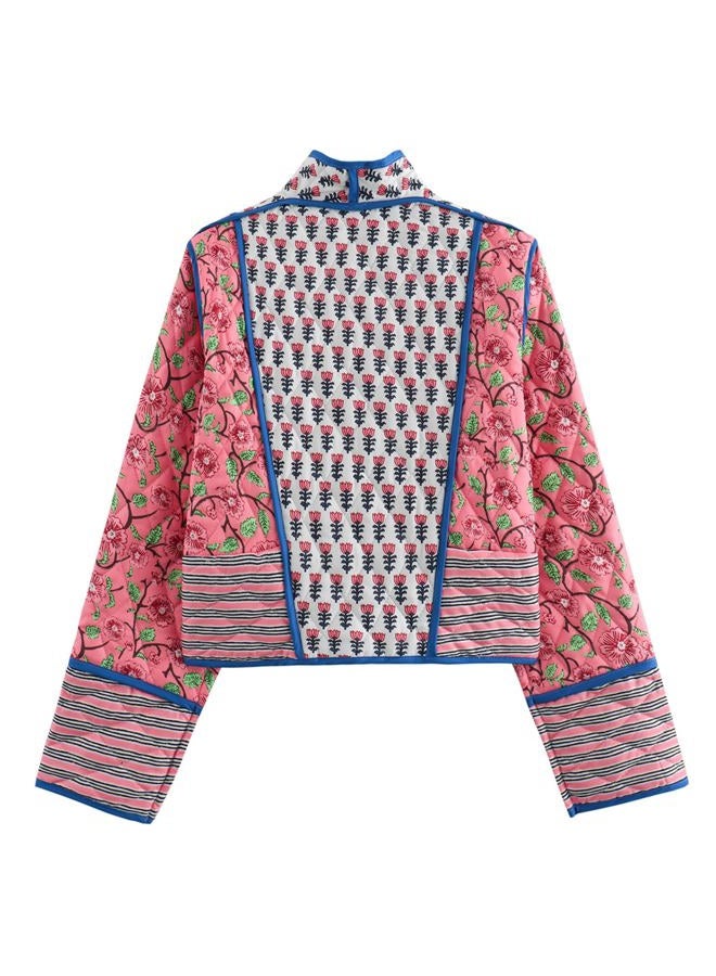 Yimoon Women's Quilted Jacket Lightweight Floral Print Cropped Puffer Coat Short Padded Open Front Winter Outwear(White-XL) - Image 2