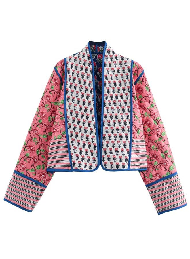 Yimoon Women's Quilted Jacket Lightweight Floral Print Cropped Puffer Coat Short Padded Open Front Winter Outwear(White-XL) - Image 1