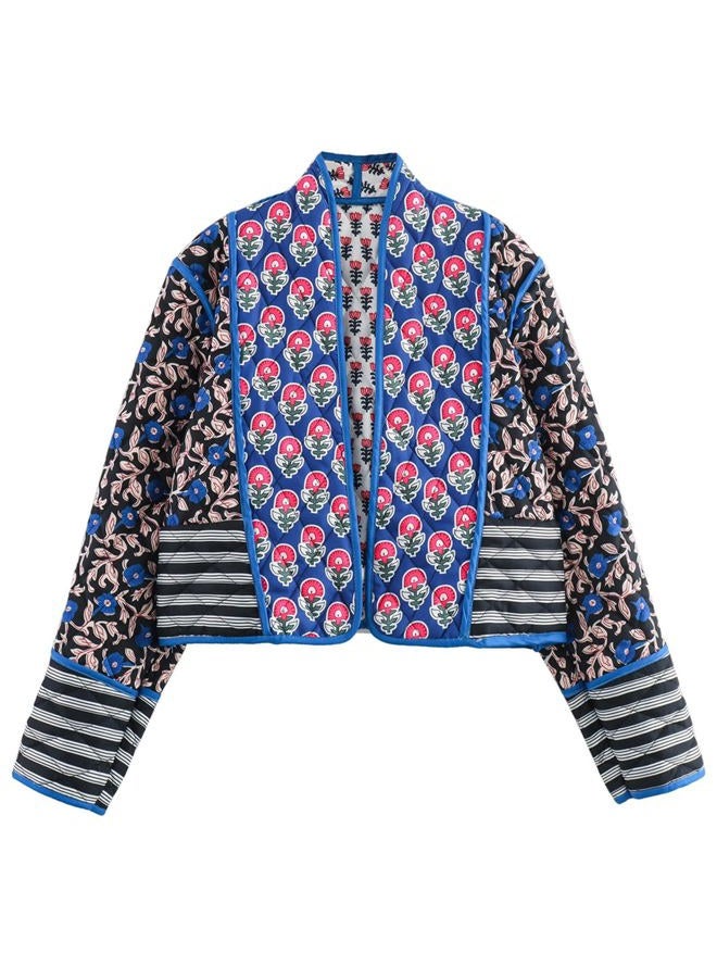 Yimoon Women's Quilted Jacket Lightweight Floral Print Cropped Puffer Coat Short Padded Open Front Winter Outwear(White-XL) - Image 3
