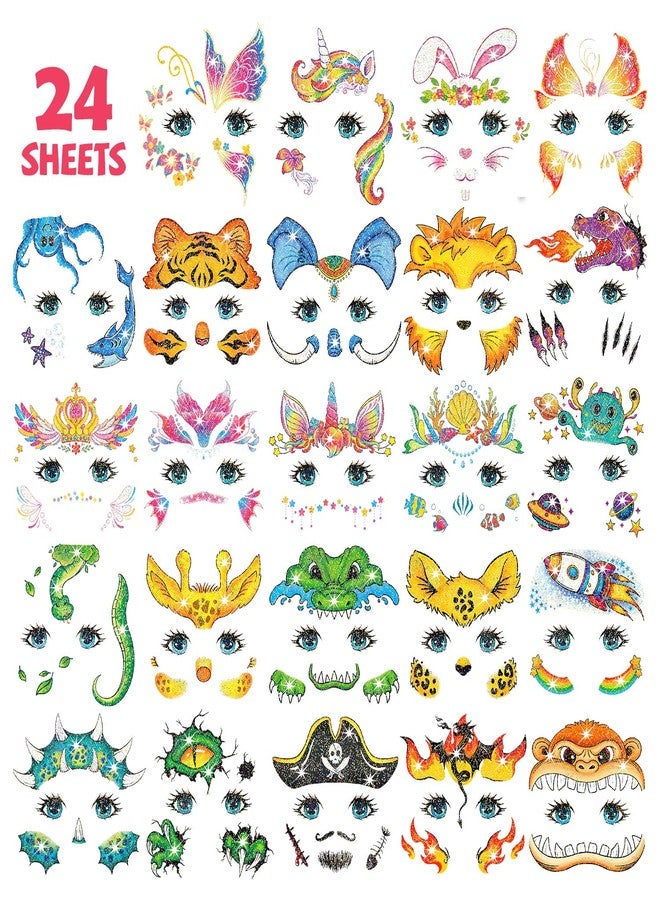 Leesgel 24 Sheets Glitter Face Tattoos for Kids - Face Paint Tattoos for Boys Girls Birthday, Party Favors, Prizes for Kids Classroom, Trick or Treat, Goodie Bag Stuffers, Stocking Stuffers and Gifts - Image 2