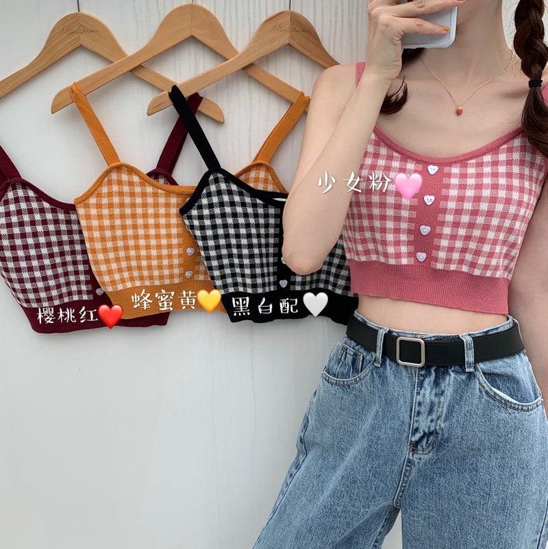 Girl Vintage Plaid Camisole Women'S Design Sense Niche Outfit Short Navel-Exposed All-Match Top - Image 2