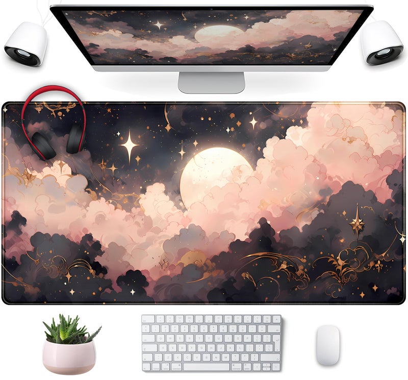 Mechanical Cattle Pink Black Clouds Desk Mat XXL Large Extended Gaming Mouse Pad Celestial Mousepad with Stitched Edges, Office Desktop Decor Desk Pad Computer Mat, Laptop Keyboard and Mouse Mat, 31.5x15.75 in - Image 1