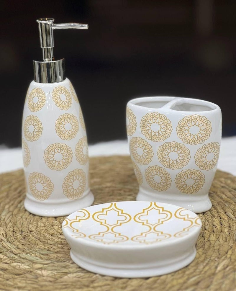 Generic Porcelain Bathroom Accessory Set, White with Gold, 3-Piece, Soap Dispenser, Toothbrush Holder and Soap Dish, .A2 - Image 1
