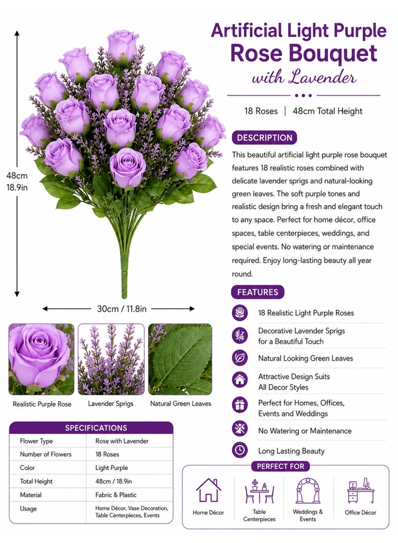 Artificial Light Purple Rose Bouquet With Lavender, 18 Roses, 48Cm, For Vase Decoration, Table Centerpieces And Home Décor - Image 2