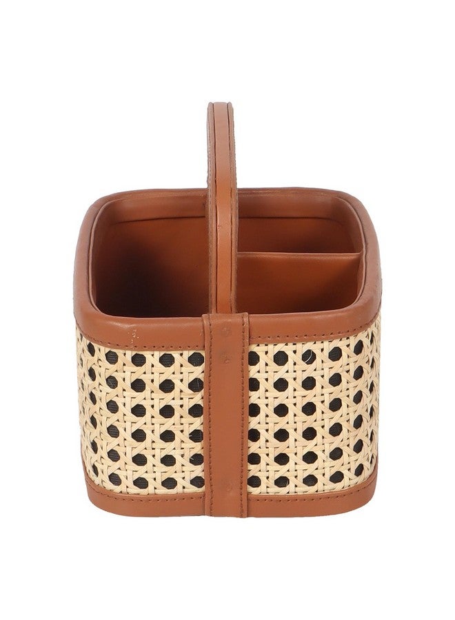 AKWAY Wicker Spoon Stand for Dining Table Chammach Stand | Wooden cutlery holder | Kitchen rack Café resto-bar tableware keeping spoons, forks, knives, tissue paper (7.5" W x 7.5" L x 5" H) (Brown) - Image 3