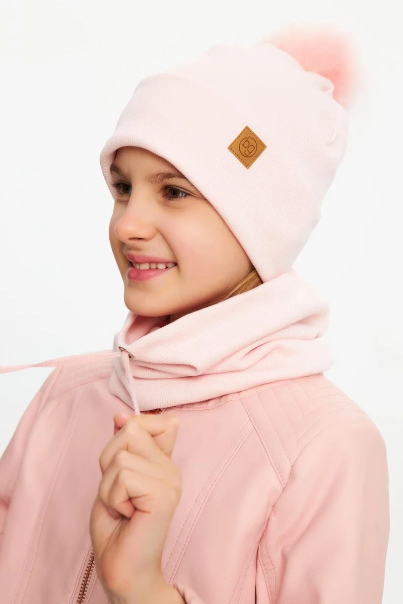 Babygiz Powder Girl's Fur Pompom Hat Beanie Neck Collar Set Cotton Camisole