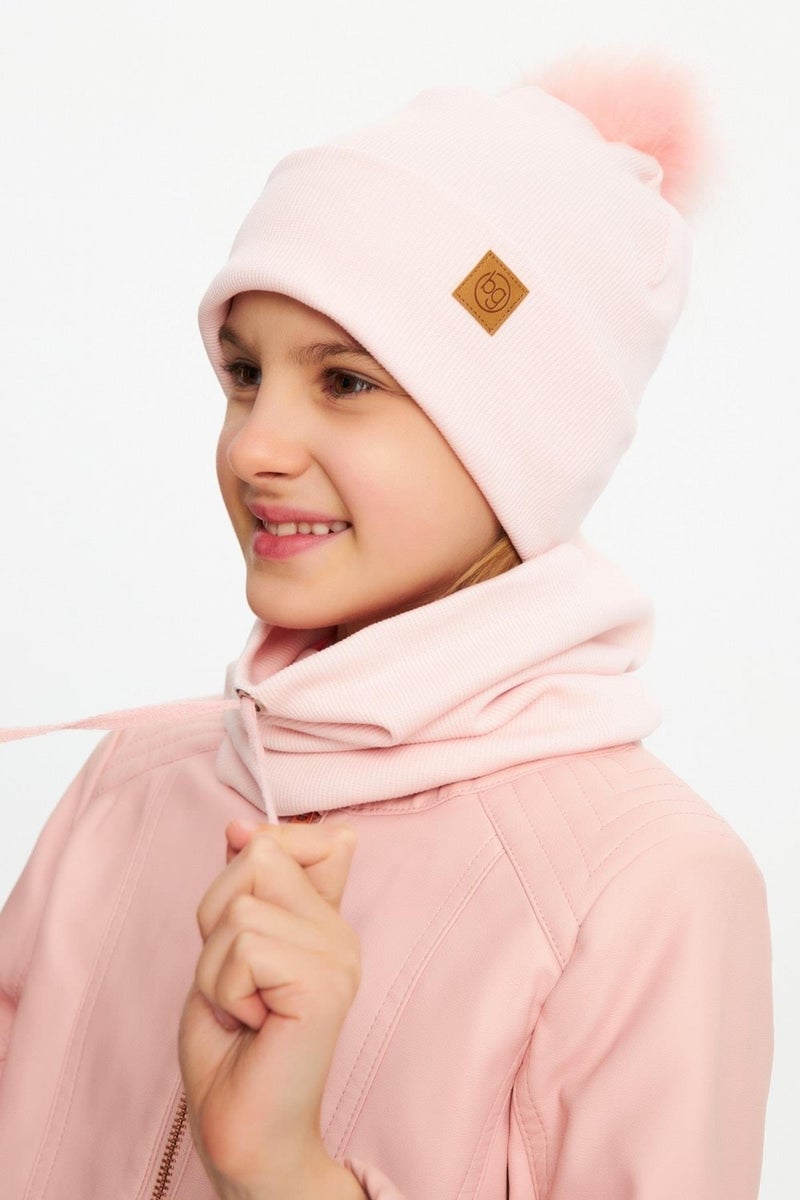 Babygiz Powder Girl's Fur Pompom Hat Beanie Neck Collar Set Cotton Camisole  - Image 4