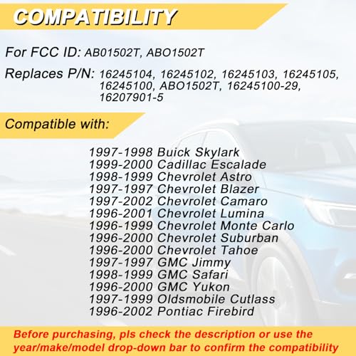 Vurkcy Key Fob Replacement for 1996-2002 Chevy Suburban Tahoe Lumina Camaro Monte Carlo/GMC Yukon Safari/Buick Cadillac Oldsmobile Pontiac Car Keyless Entry Remote Control, AB01502T ABO1502T, 3 Btn - Image 2