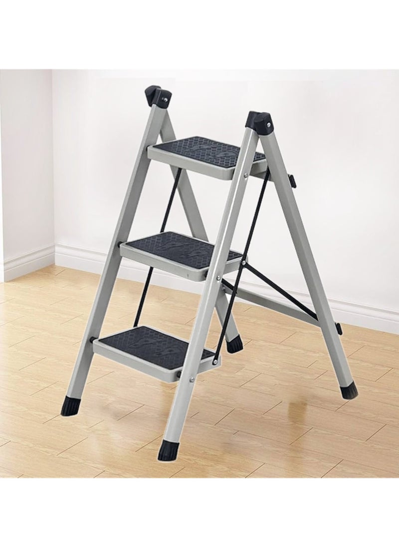 ALSAHAH 3-Step Foldable Steel Ladder – Sturdy and Safe up to 150 kg, Versatile Design with Non-Slip Steps – Grey  - Image 1
