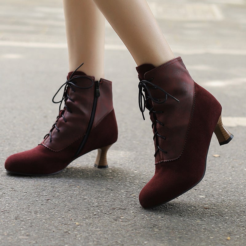 Independent Station Supply Mid-Heel Women 40-50 Plus Size Suede Stitching Low Barrel Martin Boots - Image 2
