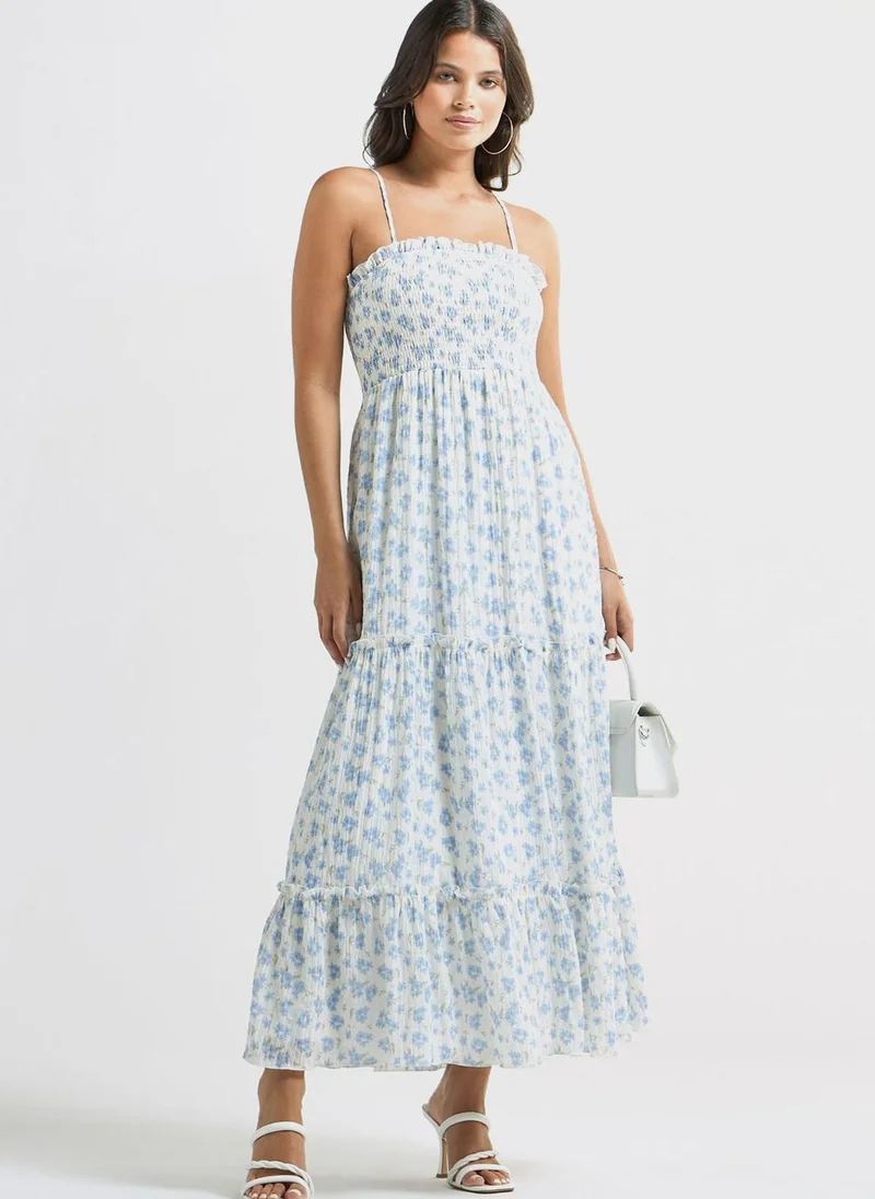 FAV Floral Print Sleeveless A-Line Dress With Seersucker Detail