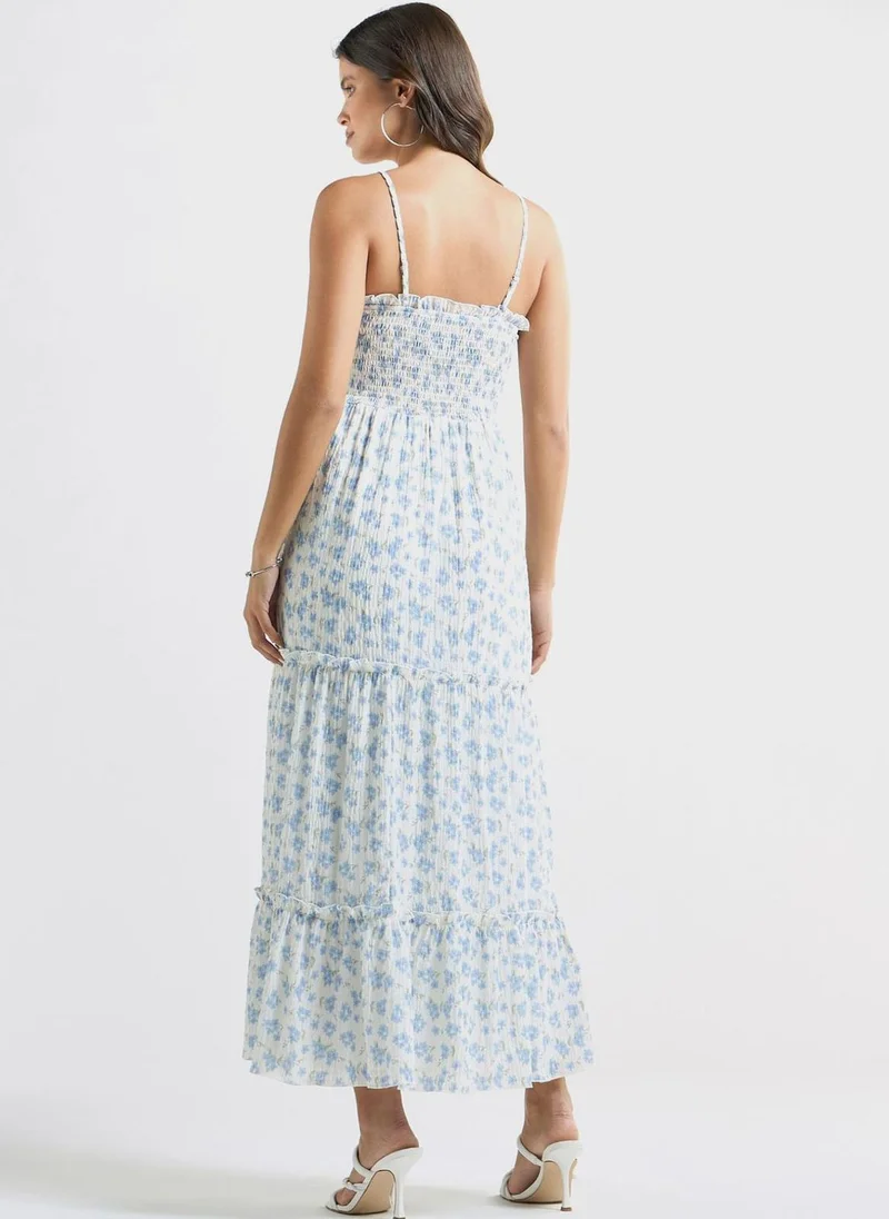 FAV Floral Print Sleeveless A-Line Dress With Seersucker Detail