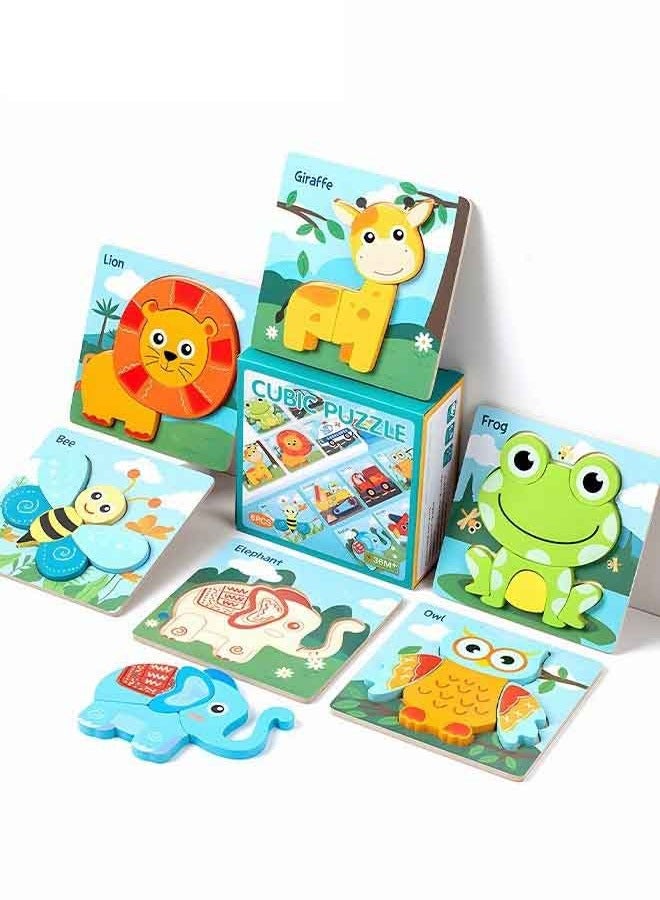 6 Pack Wooden Puzzles Toys Montessori Toys Set Cute Animal Jigsaw Puzzles Gift Toys Set for Toddlers Kids - Image 1