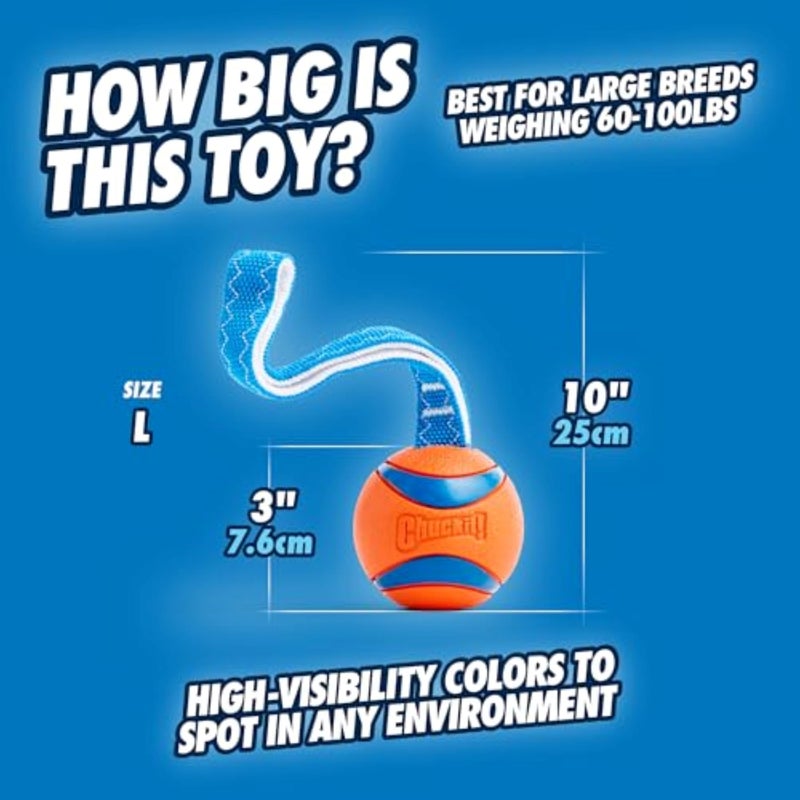 Chuckit! Ultra Tug Dog Toy - Ultra Ball on a Durable Nylon Cord Handle - Fetch and Tug-of-War Toy for Dogs - Size Large - For Breeds 60-100 lbs - 3-inch Diameter - Orange and Blue - Image 4