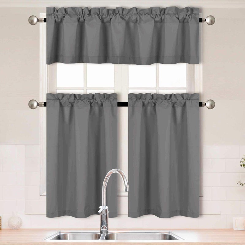 Better Home Style Better Home Style 3 Piece Solid Color 100 Blackout Kitchen Window Curtain Set with Tiers and Valance Solid Energy Efficient Thermal Room Darkening Drape Window Treatment  MKC Charcoal 