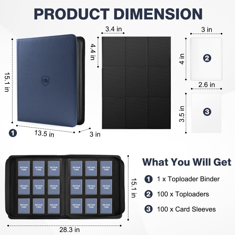 Pemocyny Toploader Binder, Holds 360 Toploaders, 100 Toploaders INCLUDED, 9-Pocket PU Cover Top Loader Binder for 3" x 4" Rigid Toploaders, Ringless Double-Sided Toploader Card Binder for TCG, Sport Cards - Image 2