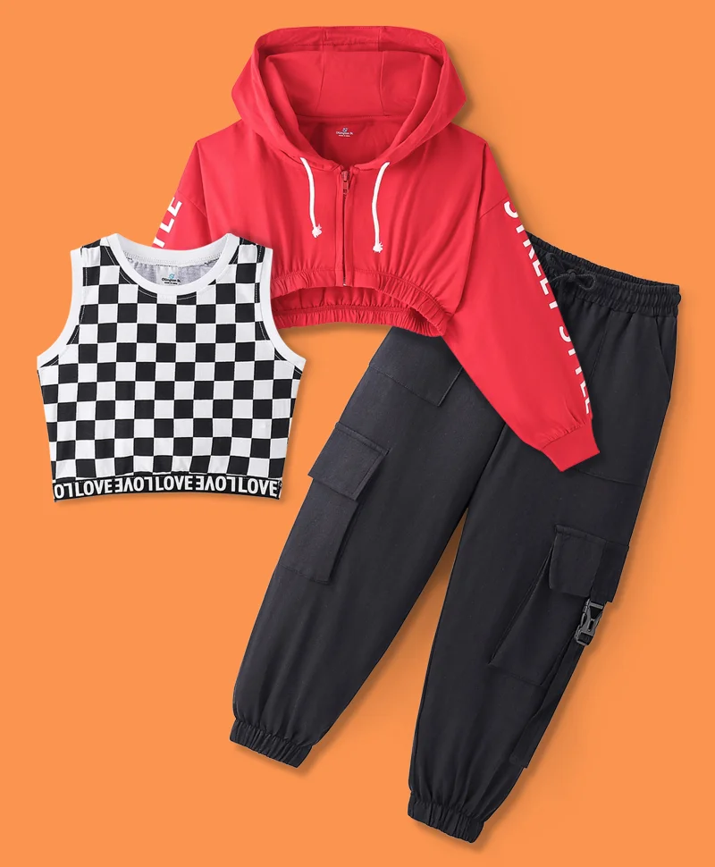 Ollington St. Ollington St. Cotton Full Sleeves Hoodie With Print and Cargo Joggers With Inner Top - Red and Black