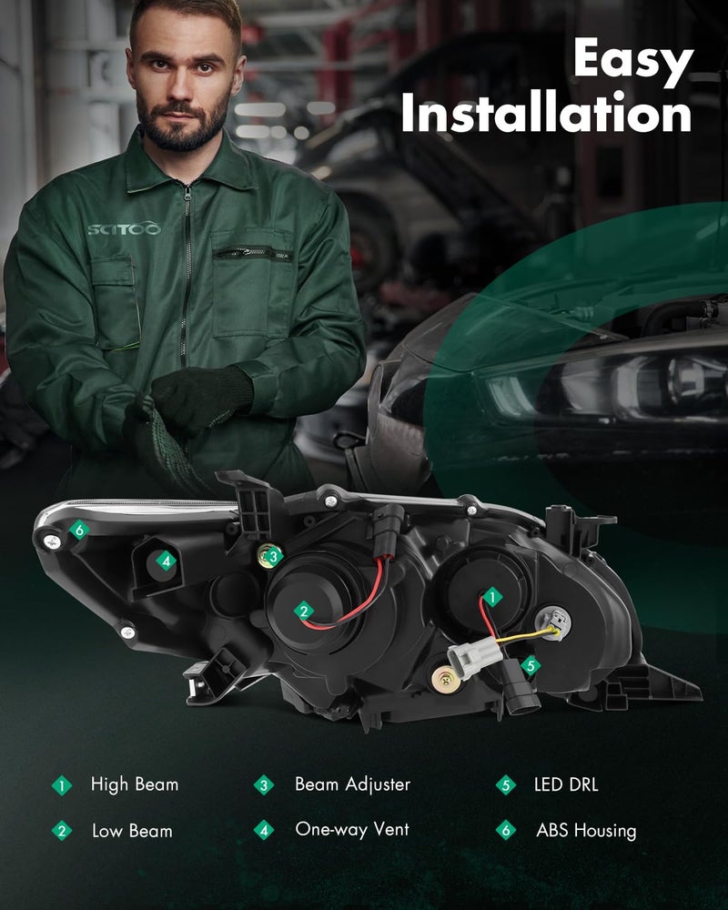 SCITOO Headlights For Toyota Corolla 2011-2013 Headlamps Black Housing Clear Reflector Clear Lens Driver and Passenger Side - Image 3