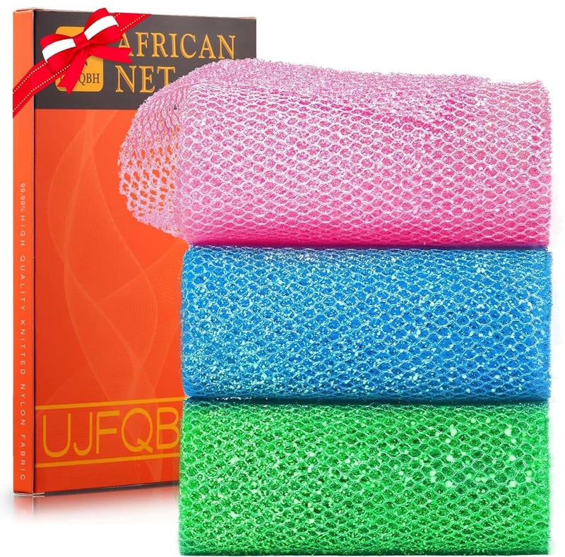UJFQBH 3 Piece Bright Style African exfoliating net Exfoliating Shower Set Long Bath Sponges for Smooth Refreshed Skin The Exterior Gleams  Ideal for Daily Use Bright Pink Blue Green