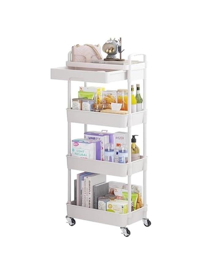 HOOKOR 4-Tier Rolling Utility Cart with Drawer,Multifunctional Storage Organizer with Plastic Shelf & Metal Wheels,Storage Cart for Kitchen,Bathroom,Living Room,Office,White (White-4 Tier) - Image 1