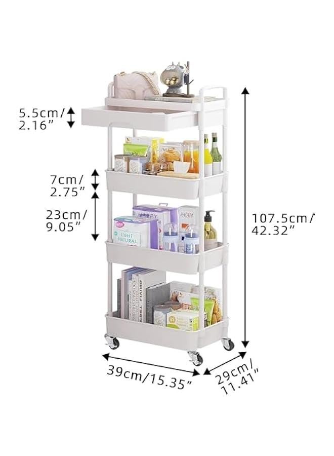HOOKOR 4-Tier Rolling Utility Cart with Drawer,Multifunctional Storage Organizer with Plastic Shelf & Metal Wheels,Storage Cart for Kitchen,Bathroom,Living Room,Office,White (White-4 Tier) - Image 2