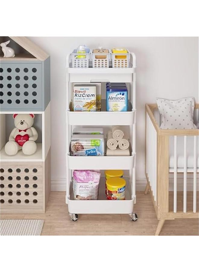 HOOKOR 4-Tier Rolling Utility Cart with Drawer,Multifunctional Storage Organizer with Plastic Shelf & Metal Wheels,Storage Cart for Kitchen,Bathroom,Living Room,Office,White (White-4 Tier) - Image 5