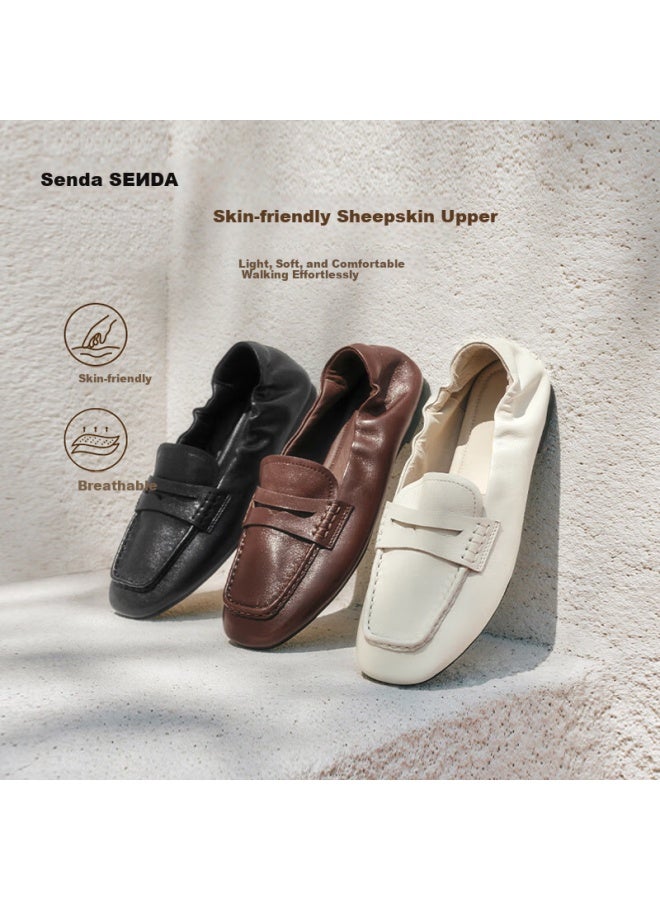 Senda a Women's Loafers Spring Autumn Sheepskin Slip-on Flat Shoes Off-white 37 - Image 1