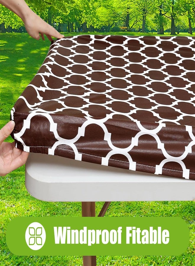 Smiry Rectangle Picnic Table Cover, Waterproof Elastic Fitted Camping Tablecloths for 6 Foot Tables, Wipeable Flannel Backed Vinyl Tablecloth Protector for Indoor, Outdoor (Coffee, 30x72 Inches) - Image 2