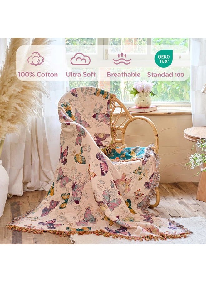 MSGKV Boho Throw Blanket for Bed Cotton Butterfly Twin Size Couch Blanket 60"x80" Muslin Breathable All Seasons Lightweight Farmhouse Blankets - Image 2