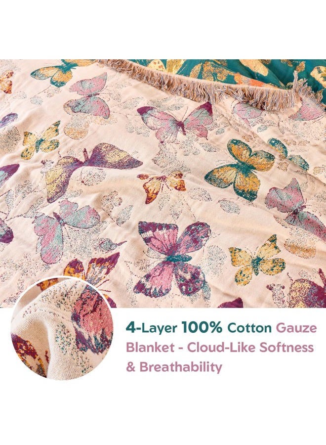 MSGKV Boho Throw Blanket for Bed Cotton Butterfly Twin Size Couch Blanket 60"x80" Muslin Breathable All Seasons Lightweight Farmhouse Blankets - Image 4