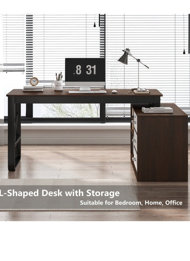 Old_Feller - L-Shaped Desk,Computer Desk ,Gaming Table,L Shaped Desk with Drawers,Three Layer locker on the Right with Drawers Suitable for PC Bedroom Home Office 140 * 100 * 75cm - Image 1