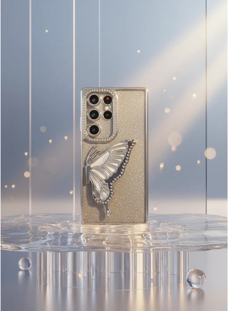 غطاء سامسونج جالاكسي S25 Ultra مع حامل فراشة، 【مقاوم للاصفرار】 شفاف تماماً وذو حماية عسكرية متينة، مع وسائد هوائية مضادة للصدمات، غطاء خلفي فائق النحافة لسامسونج جالاكسي S25 Ultra —— فضي - Image 1