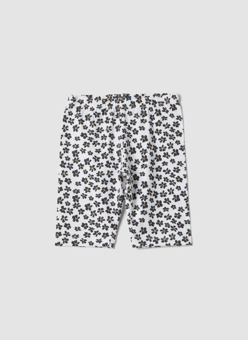 او في اس OVS White Organic Cotton Shorts With Floral Print