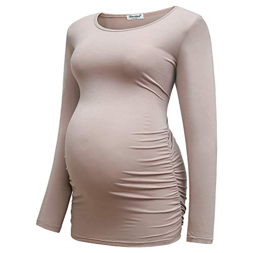 Bearsland Womens Maternity Long Sleeve Tshirt 3 Packs Classic Side Ruched Tee Top Mama Pregnancy Clothes,Black+Brown+witstripe,L - Image 4