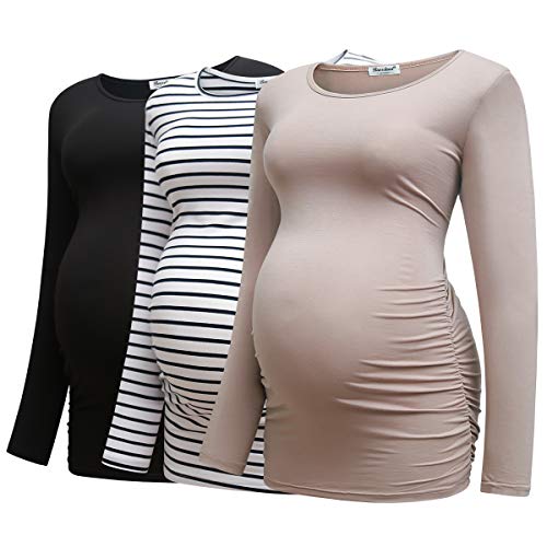 Bearsland Womens Maternity Long Sleeve Tshirt 3 Packs Classic Side Ruched Tee Top Mama Pregnancy Clothes,Black+Brown+witstripe,L - Image 1