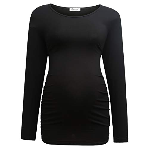 Bearsland Womens Maternity Long Sleeve Tshirt 3 Packs Classic Side Ruched Tee Top Mama Pregnancy Clothes,Black+Brown+witstripe,L - Image 3