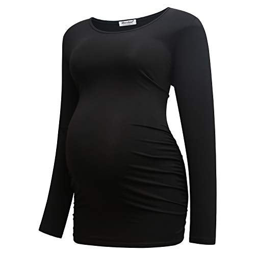 Bearsland Womens Maternity Long Sleeve Tshirt 3 Packs Classic Side Ruched Tee Top Mama Pregnancy Clothes,Black+Brown+witstripe,L - Image 2