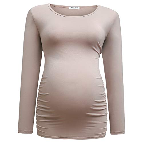 Bearsland Womens Maternity Long Sleeve Tshirt 3 Packs Classic Side Ruched Tee Top Mama Pregnancy Clothes,Black+Brown+witstripe,L - Image 5