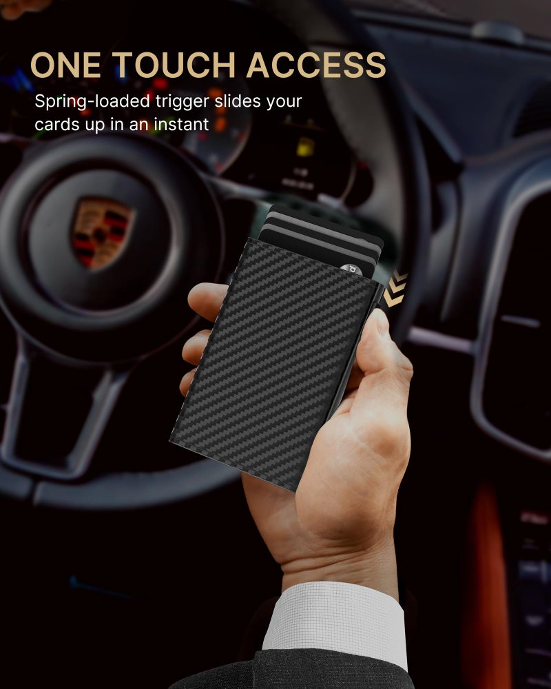 typecase Mens Wallet Card Holder: Pop Up Aluminum Case, Carbon Fiber Leather, Smart, RFID Blocking, Slim, Minimalist, Front Pocket - 9-14 Card Capacity | ID Window | Cash Slot (Orange) - Image 4