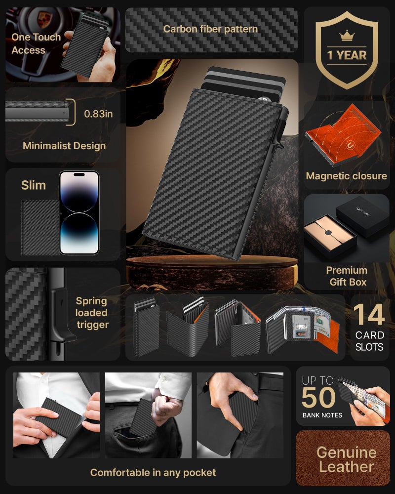 typecase Mens Wallet Card Holder: Pop Up Aluminum Case, Carbon Fiber Leather, Smart, RFID Blocking, Slim, Minimalist, Front Pocket - 9-14 Card Capacity | ID Window | Cash Slot (Orange) - Image 2