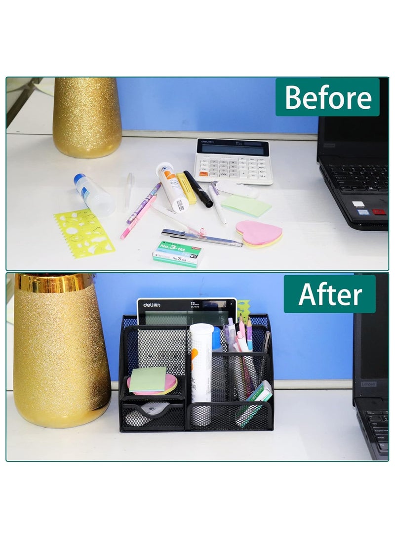 Desk Organizer, Pen Holder Desk Accessories, Metal Mesh Desk Organizers and Storage, Pencil Holder Desk Organizers Office Supplies Caddy Desk Storage with Draw for Home, Office, School (Black) - Image 3
