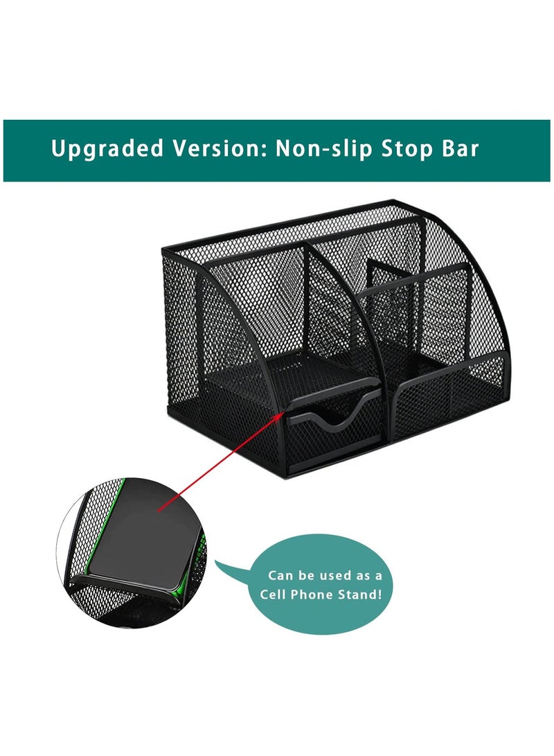 Desk Organizer, Pen Holder Desk Accessories, Metal Mesh Desk Organizers and Storage, Pencil Holder Desk Organizers Office Supplies Caddy Desk Storage with Draw for Home, Office, School (Black) - Image 2